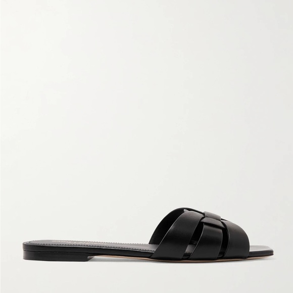 Saint Laurent Tribute Leather Woven Slides - Picture 1 of 12